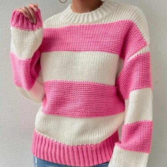 Pink/cream striped colorblock sweater top - Picture 3 of 6